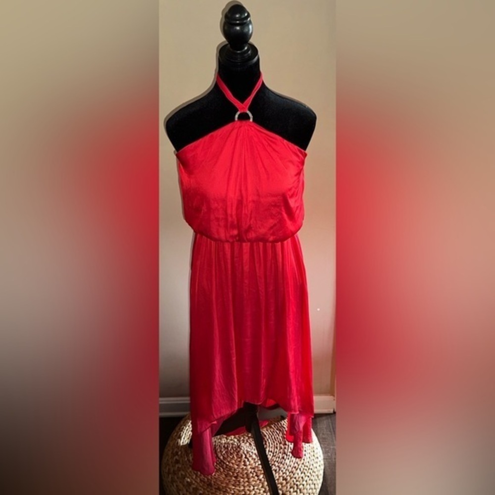 NWT WHITE HOUSE BLACK MARKET PARADISE RED HI-LOW BLOUSON HALTER DRESS SIZE:2